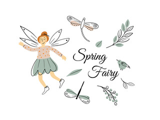 Little fairy set, cartoon style. Cute and mystical collection for girls with fairytale forest princess, magic wand, birds, butterflies, flowers.