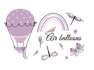 Hand drawn collection with whales, balloons, clouds, rainbows, stars, hot air balloon, bunting for nursery decoration.