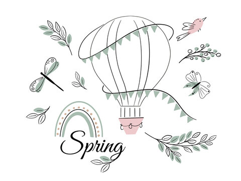 Set of cute hand-drawn Spring flowers. Many bright and beautiful flowers. Vector illustration.