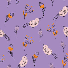 Colorful doodle bird seamless pattern. Collection of flat hand drawn birds.