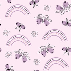 Scandinavian seamless pattern with rainbows, hearts, butterflies. Hand drawn cute texture. Modern ornament in vector.