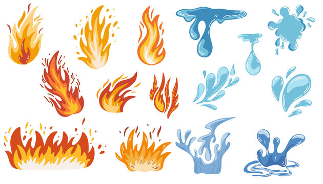 Fire and water set. Flames of different shapes. Different Water Drops. Vector cartoon illustration isolated on the white background.