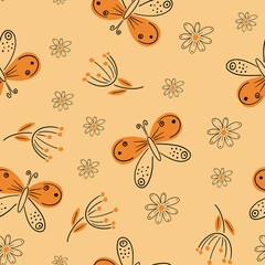 Seamless pattern with dragonflies and ginkgo leaves.