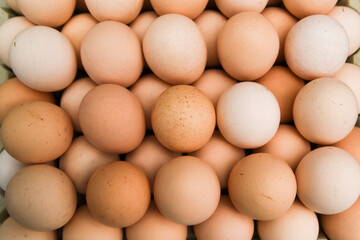 Eggs lying on top of each other in a supermarket for sale.