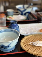 The Japanese soba plates after the dishes are eaten, in the old town of Tokyo, “Sendagi”, “Ojimaya soba shop” year 2022 May 24th