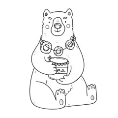 Russian bear with bagels and honey in linear doodle style. Vector isolated animal illustration.