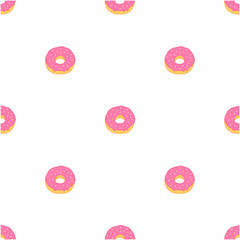 Seamless pattern with small pink donuts on a white background. Vector illustration background.