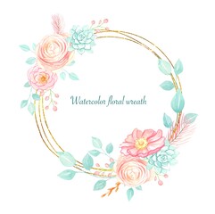 Floral wreath in pastel colors, watercolor illustration
