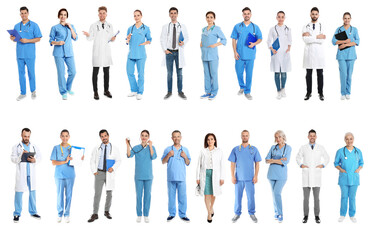 Fototapeta premium Collage with photos of doctors on white background