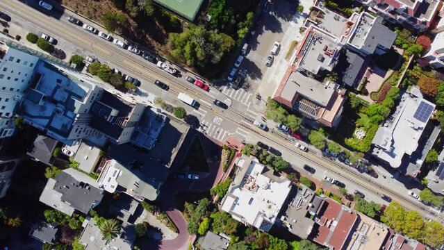 Topdown View Of The Crookedest Street At Lombard In San Francisco, California USA. Aerial Rotating