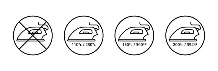 Iron temperature icon set. Clothes ironing temperatures instruction sign for label design. Flatiron heat mark in celsius and fahrenheit. Vector stock illustration.