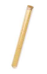 Glass tube with ginger powder on white background, top view
