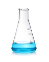Laboratory flask with light blue liquid isolated on white