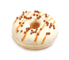 Sweet delicious glazed donut on white background