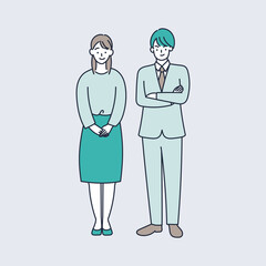 私たちにお任せください！とポーズをとる男女のイラスト素材｜mayucolor08