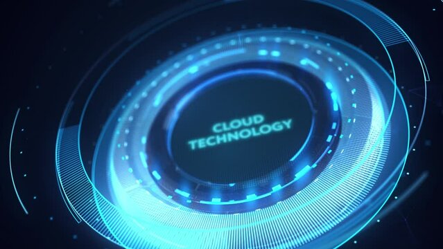 Cloud technology computing concept. Robot pressing button on virtual screen.