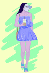 Fototapeta na wymiar Walking beauty with suspender skirt, sun hat and milk tea in hand, vector illustration
