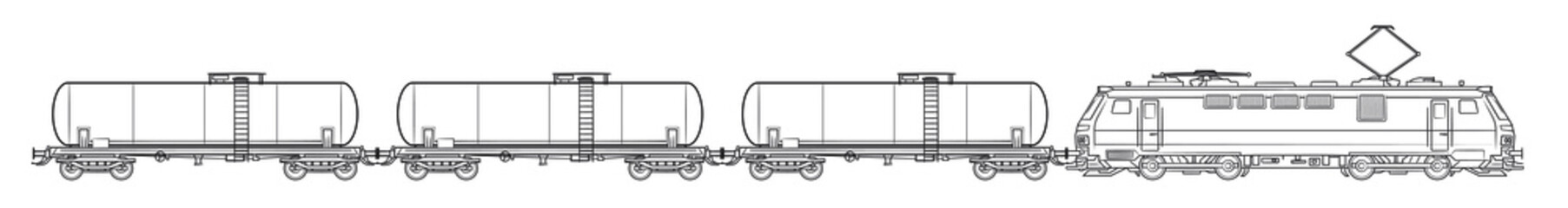 Electric cargo train with tanker wagons - outline vector stock illustration.