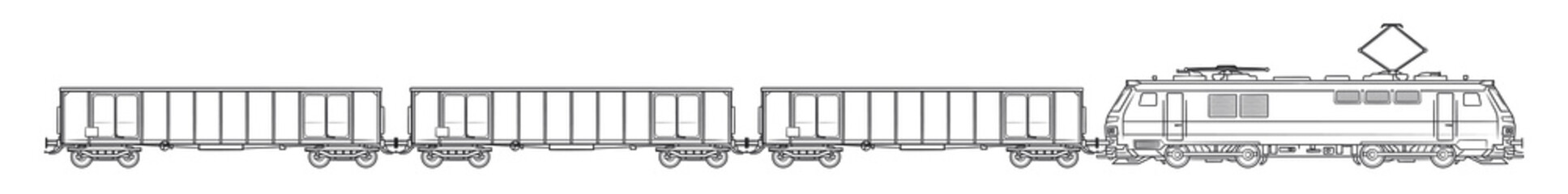 Electric cargo train - outline vector stock illustration.