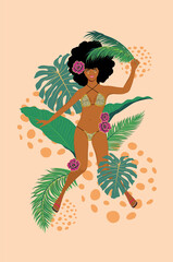 Afro Girl in leopard bikini with tropic plants