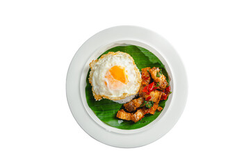 Crispy Pork Basil and Fried Egg,Thai street food concept.