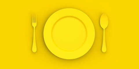 Plate of yellow color on yellow background. Next to plate are yellow spoon and fork. Table items. Banner for insertion into site. Horizontal image. 3D image. 3D rendering.
