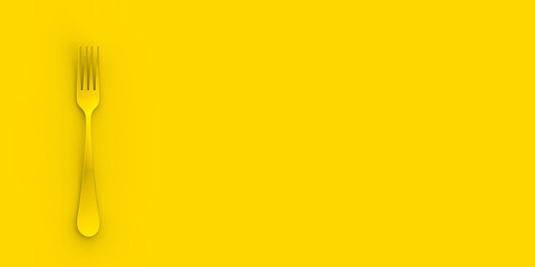 Fork is yellow on yellow background. Banner for insertion into site. Place for text cope space. Horizontal image. 3D image. 3D rendering.