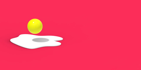 the concept of a chicken egg on a red background. separation of elements of chicken egg. Banner for insertion into site. Place for text cope space. 3d image. 3d rendering.