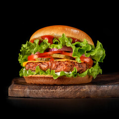 Delicious burgers with beef, tomato, cheese and lettuce