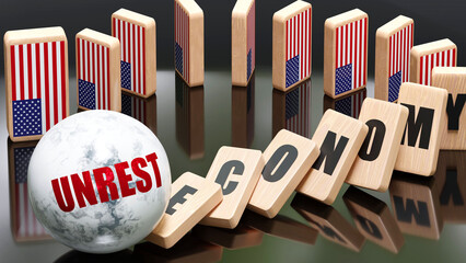 USA and unrest, economy and domino effect - chain reaction in USA economy set off by unrest causing an inevitable crash and collapse - falling economy blocks and USA flag,3d illustration - obrazy, fototapety, plakaty