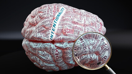 Intentionality in human brain, a concept showing hundreds of crucial words related to Intentionality projected onto a cortex to fully demonstrate broad extent of this condition,3d illustration