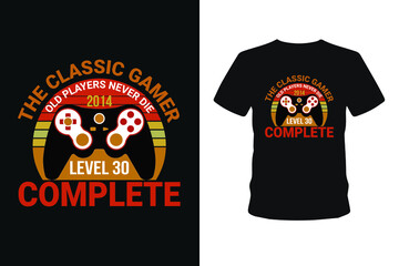 Old players never 1985 level 01 complete, Next level unlocked gaming t-shirt design,  Vector graphic, typographic poster, vintage, bundle t-shirt, label, badge, logo, icon or t-shirt