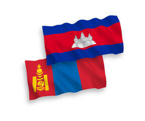 National vector fabric wave flags of Kingdom of Cambodia and Mongolia isolated on white background. 1 to 2 proportion.