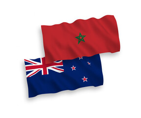 National vector fabric wave flags of New Zealand and Morocco isolated on white background. 1 to 2 proportion.