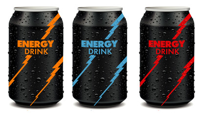 Energy drink tin can with many fresh juice drops. Template Tin package design  - obrazy, fototapety, plakaty