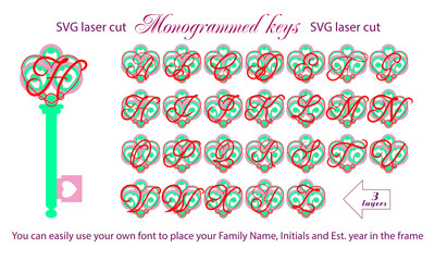 Monogrammed Keys 3D Layered Laser Cut Files Bundle Cut and craft your own Monogramm ornament with 3D Layered Digital Cut Files