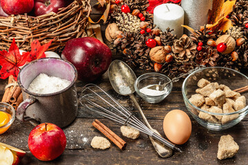 Autumn baking concept. Kitchen utensil, set of ingredients, seasonal decor