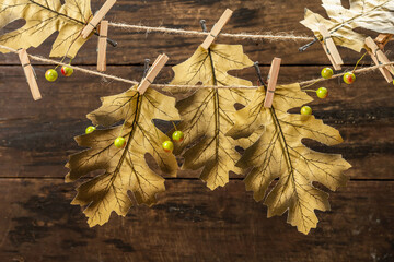 Autumn background of fall leaves on the wooden board