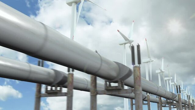 Time lapse 3d animation with moving along gas main pipeline and spinning wind turbines on the background. Diversification of the power and energy supply for heavy industry and manufacturing plants.