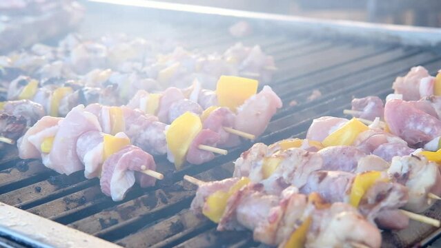 Grilled chicken and yellow pepper kebab cooked on the grill