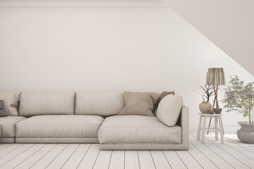 White living room with sofa. Scandinavian interior design. 3D illustration