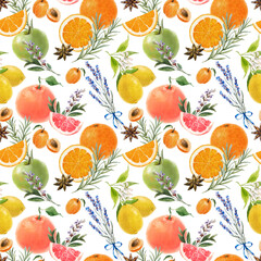 Beautiful seamless summer pattern with watercolor greens and lemon apple orange grapefruit fruits. Stock illustration.