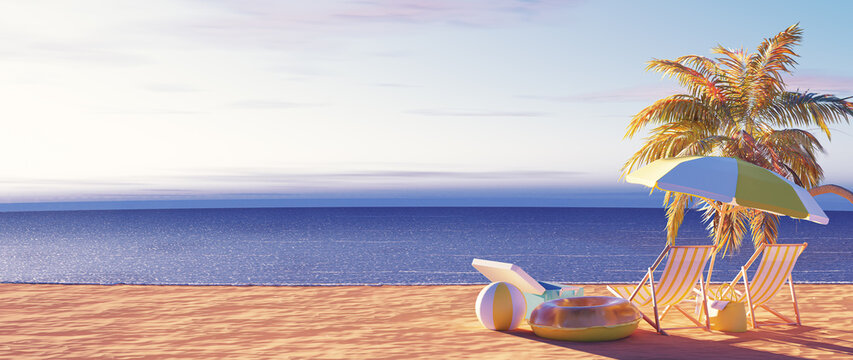 3D Render. View of beach in summer holidays concept