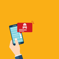Malware , virus attack warning alert online on mobile cell phone, internet security threat. 