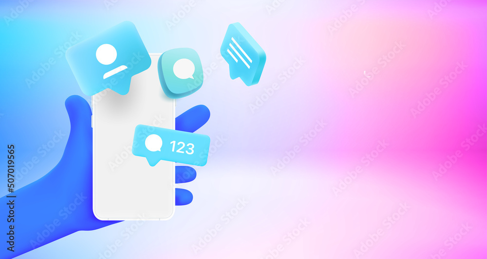 Poster Receiving social network messages via smartphone. 3d vector banner with copy space