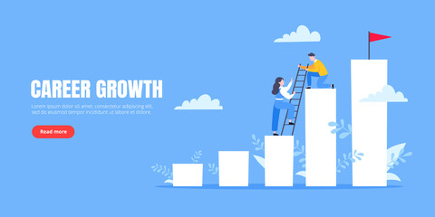 Business mentor helps to improve career and holding stairs steps vector illustration. Mentorship, upskills, climb help and self development strategy flat style design business concept.