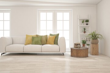 Obraz na płótnie Canvas Modern living room in white color with sofa. Scandinavian interior design. 3D illustration