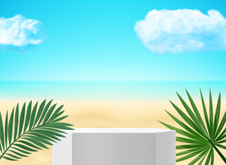 Realistic showcase with podium on a sand. 3d vector mockup with shadow overlay effect