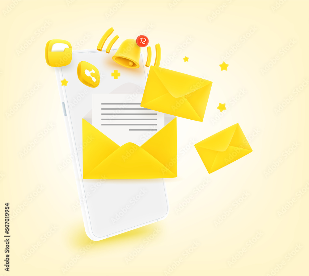 Poster sending and receiving messages via modern mobile phone. 3d vector illustration