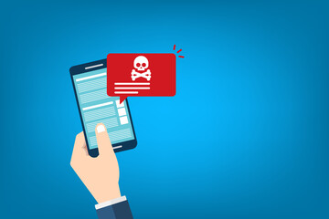 Malware , virus attack warning alert online on mobile cell phone, internet security threat.